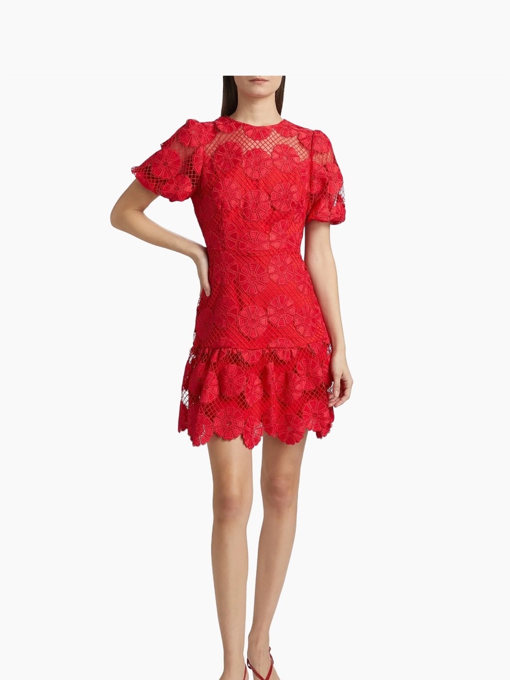 Milly Red Floral Lace Puff-Sleeve Mini Dress
